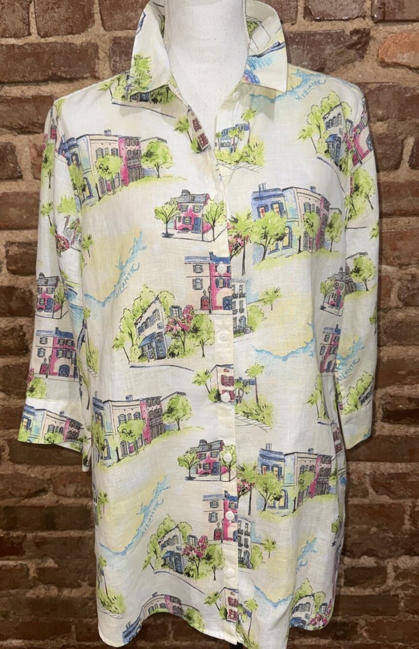 Chico's Linen Southern Charm-Print Tunic 3/4 Sleeve 12/14 Sz 2 No Iron EUC Beach